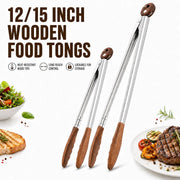 Wooden-Tipped Stainless Steel BBQ Tongs, 12 or 15 Inch, Pull-Ring Lock