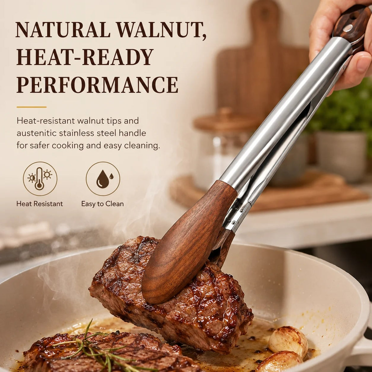 Wooden-Tipped Stainless Steel BBQ Tongs, 12 or 15 Inch, Pull-Ring Lock