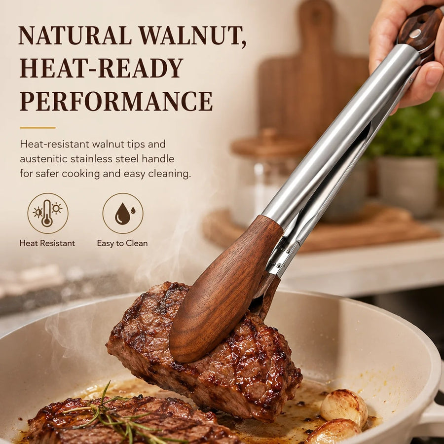 Wooden-Tipped Stainless Steel BBQ Tongs, 12 or 15 Inch, Pull-Ring Lock