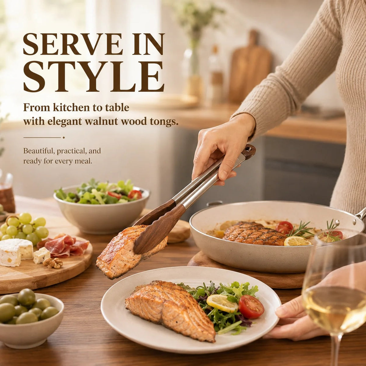 Wooden-Tipped Stainless Steel BBQ Tongs, 12 or 15 Inch, Pull-Ring Lock