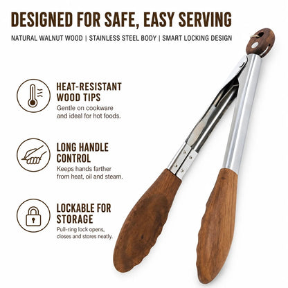Wooden-Tipped Stainless Steel BBQ Tongs, 12 or 15 Inch, Pull-Ring Lock