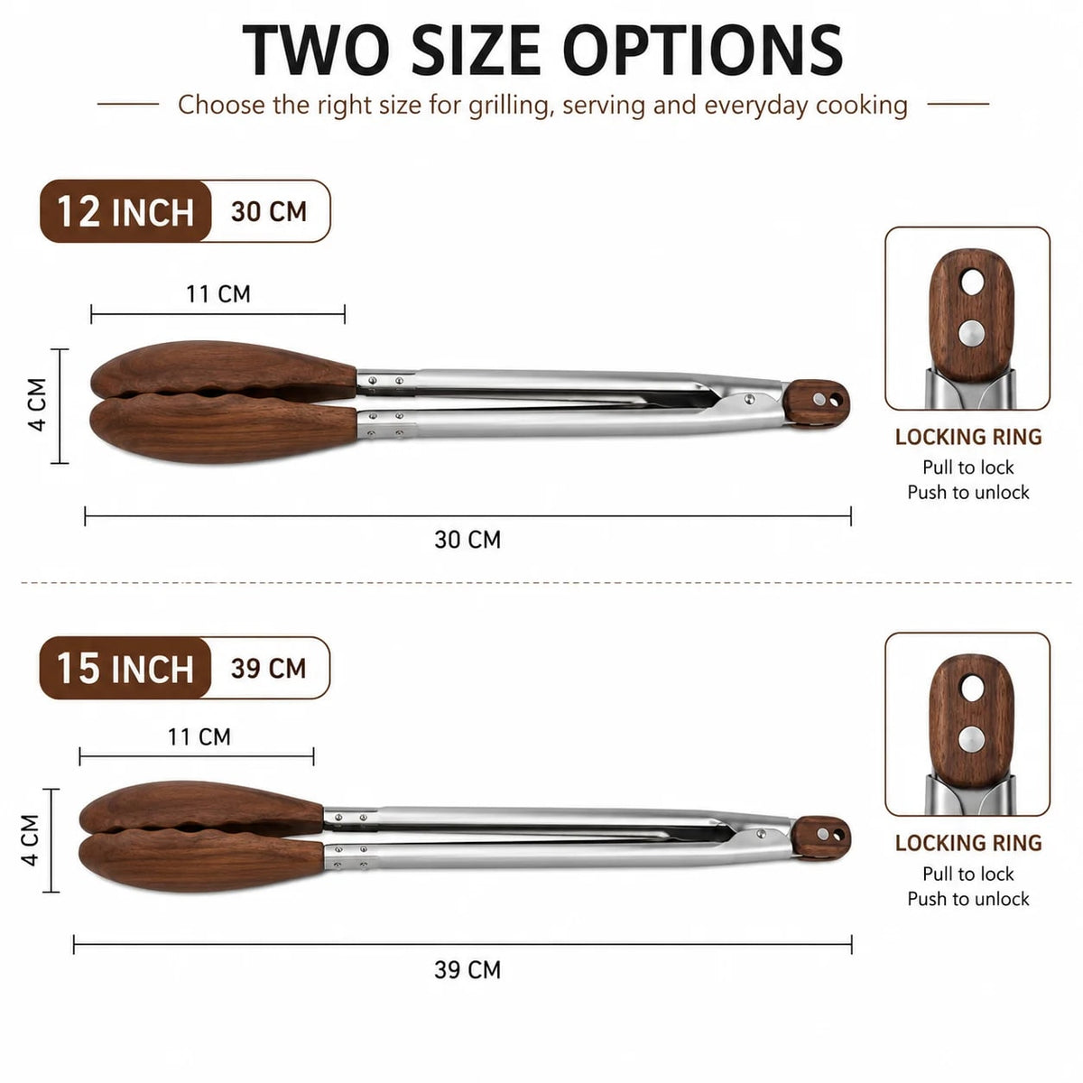 Wooden-Tipped Stainless Steel BBQ Tongs, 12 or 15 Inch, Pull-Ring Lock