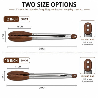 Wooden-Tipped Stainless Steel BBQ Tongs, 12 or 15 Inch, Pull-Ring Lock