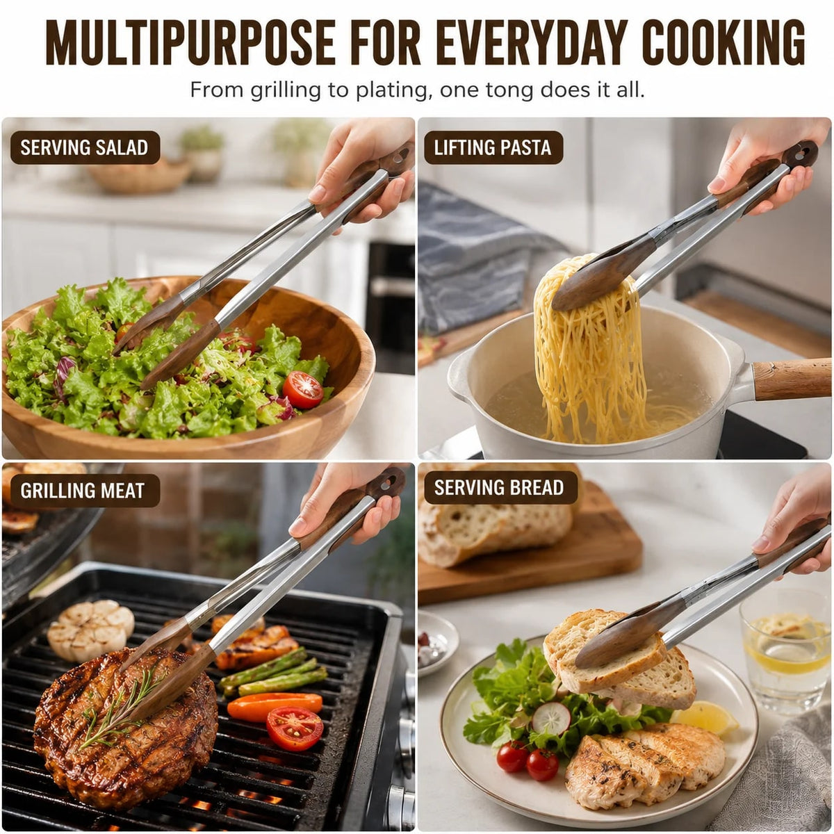 Wooden-Tipped Stainless Steel BBQ Tongs, 12 or 15 Inch, Pull-Ring Lock
