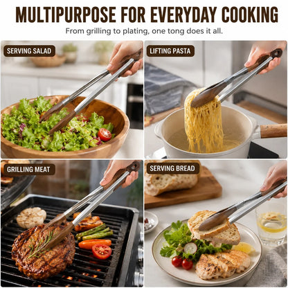 Wooden-Tipped Stainless Steel BBQ Tongs, 12 or 15 Inch, Pull-Ring Lock