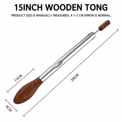 Wooden-Tipped Stainless Steel BBQ Tongs, 12 or 15 Inch, Pull-Ring Lock - 15 inch