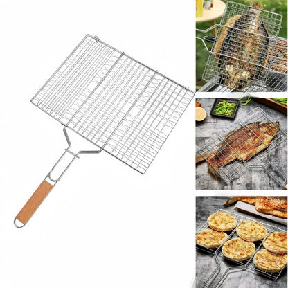 Stainless Steel Barbecue Grill Basket with Wooden Handle, 33 x 20.5cm