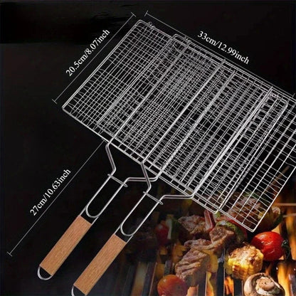 Stainless Steel Barbecue Grill Basket with Wooden Handle, 33 x 20.5cm - 2Pcs