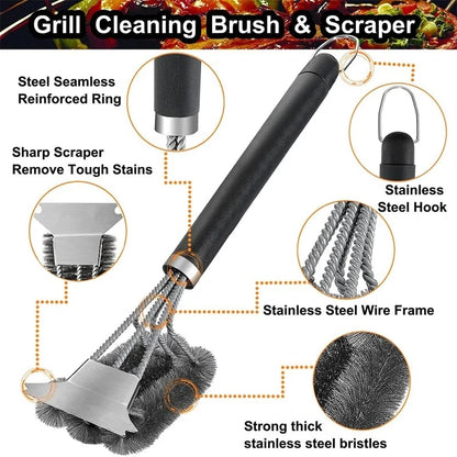 Metal BBQ Grill Cleaning Brush with Scraper and Hanging Hook