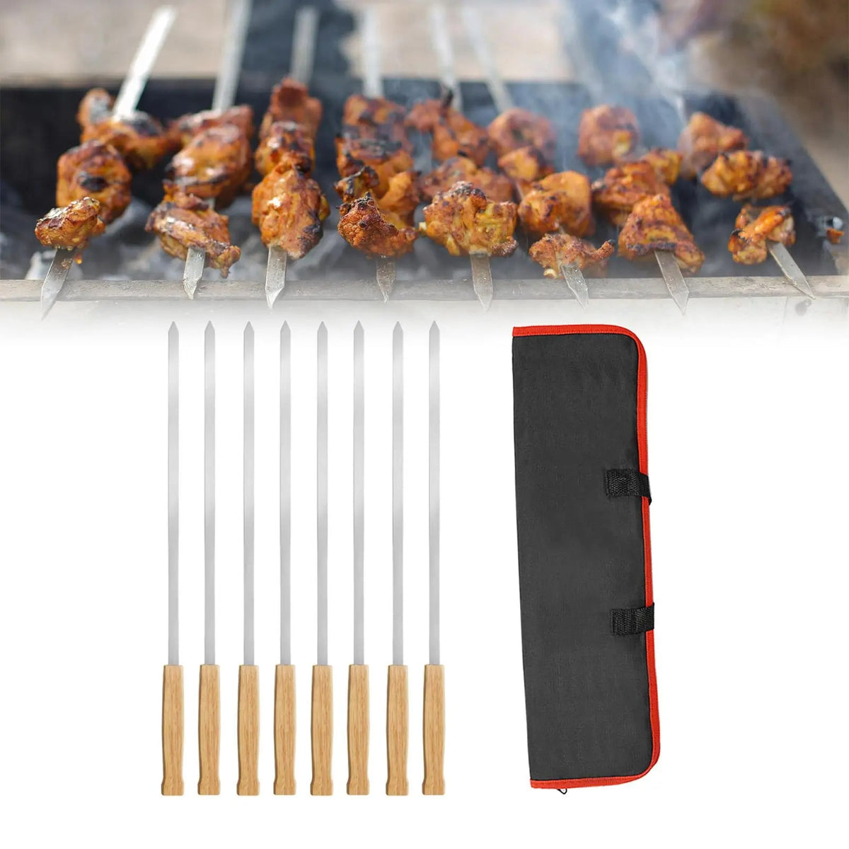 8-Piece Metal BBQ Skewer Set with Wooden Handles and Storage Pouch, 44.2cm