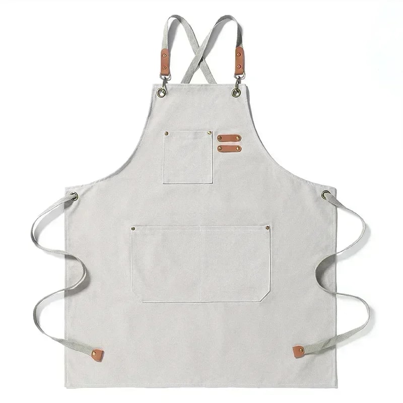 Cotton Canvas BBQ and Kitchen Apron with Cross-Back Straps and Pockets, One Size - OneSize / white