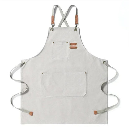 Cotton Canvas BBQ and Kitchen Apron with Cross-Back Straps and Pockets, One Size - OneSize / white