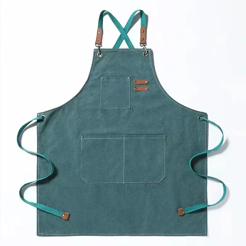 Cotton Canvas BBQ and Kitchen Apron with Cross-Back Straps and Pockets, One Size - OneSize / green
