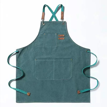 Cotton Canvas BBQ and Kitchen Apron with Cross-Back Straps and Pockets, One Size - OneSize / green