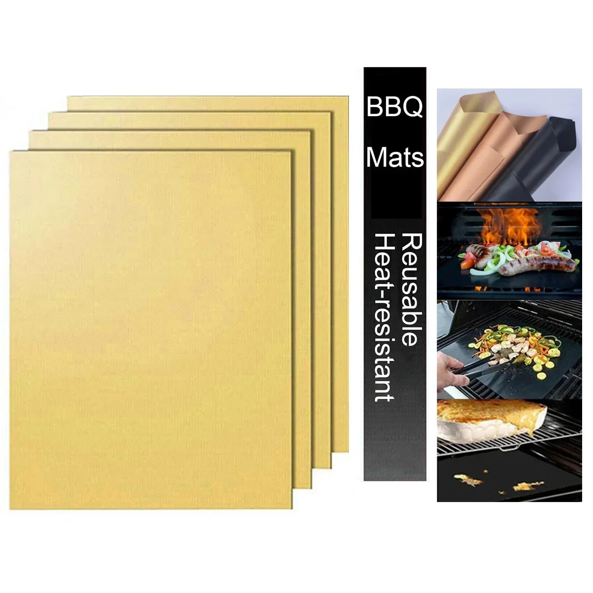Non-Stick BBQ Grill Mats, 4 Pack, 33 x 40cm, Reusable Heat-Resistant Sheets - 4Pcs Gold