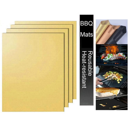 Non-Stick BBQ Grill Mats, 4 Pack, 33 x 40cm, Reusable Heat-Resistant Sheets - 4Pcs Gold