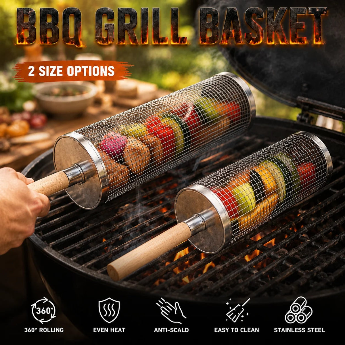 Uwhise Rolling BBQ Grill Basket, Stainless Steel Cylinder with Detachable Wooden Handle