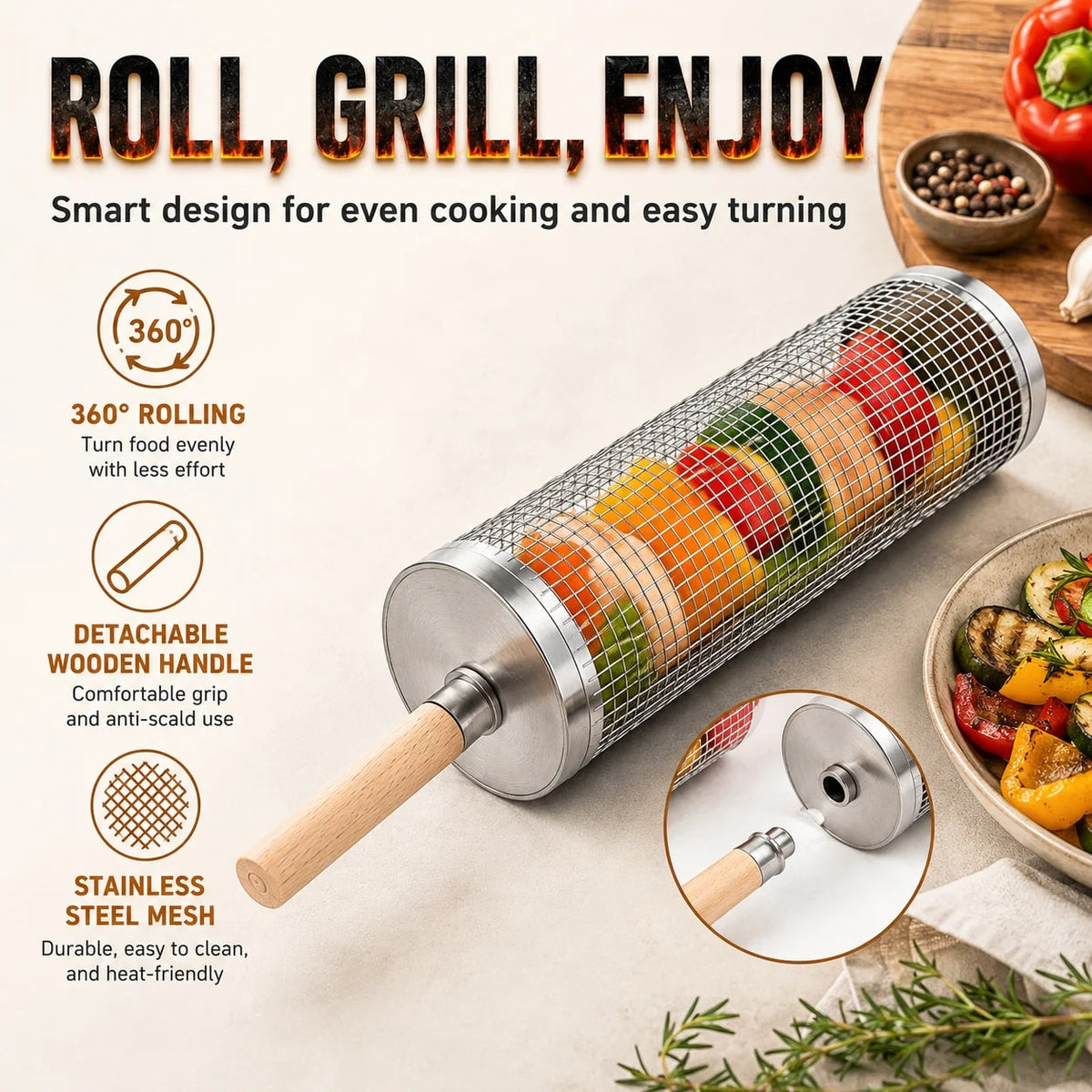 Uwhise Rolling BBQ Grill Basket, Stainless Steel Cylinder with Detachable Wooden Handle
