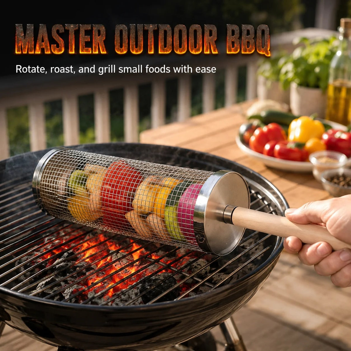 Uwhise Rolling BBQ Grill Basket, Stainless Steel Cylinder with Detachable Wooden Handle