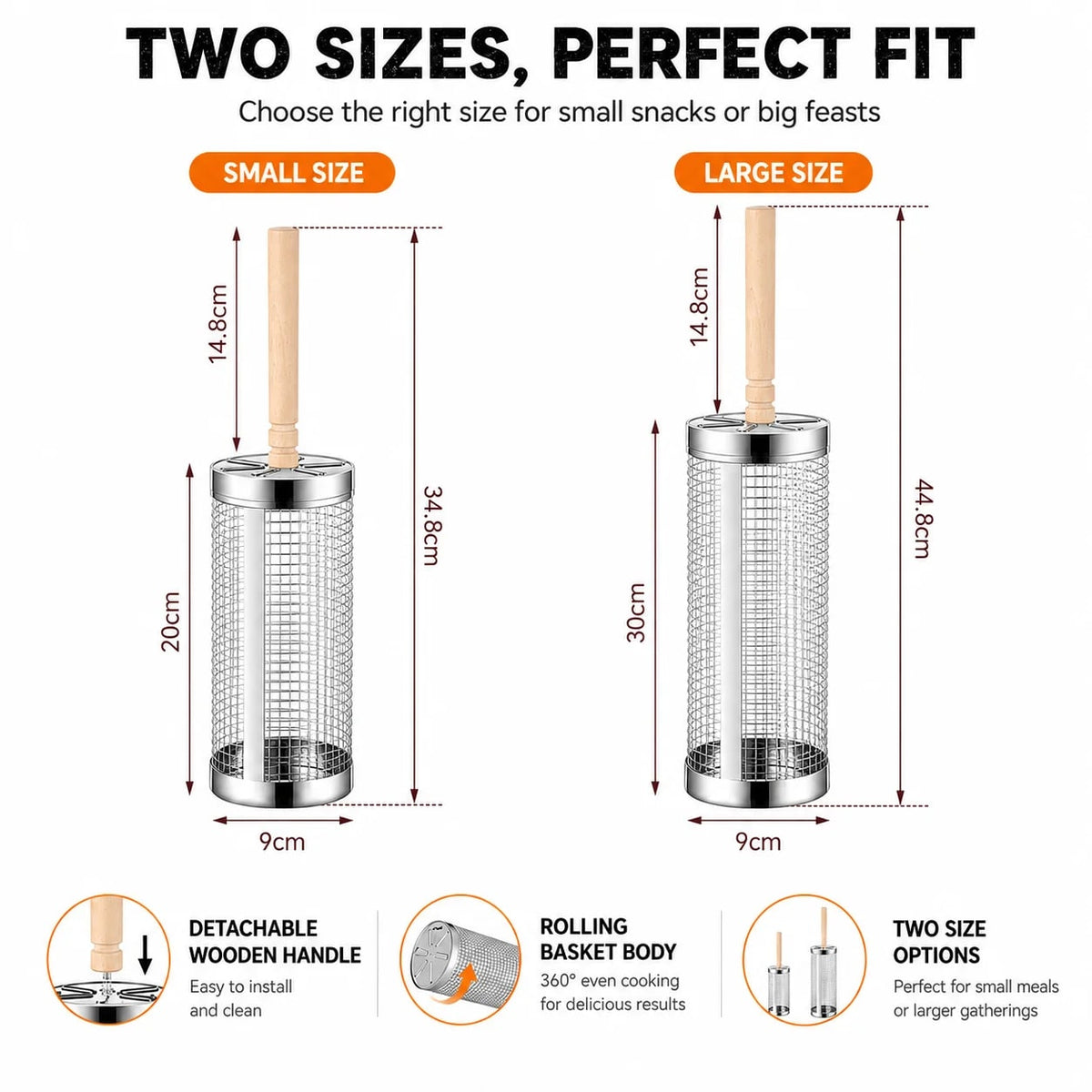 Uwhise Rolling BBQ Grill Basket, Stainless Steel Cylinder with Detachable Wooden Handle