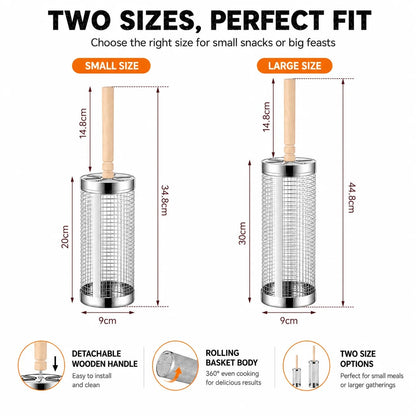 Uwhise Rolling BBQ Grill Basket, Stainless Steel Cylinder with Detachable Wooden Handle