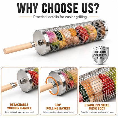 Uwhise Rolling BBQ Grill Basket, Stainless Steel Cylinder with Detachable Wooden Handle