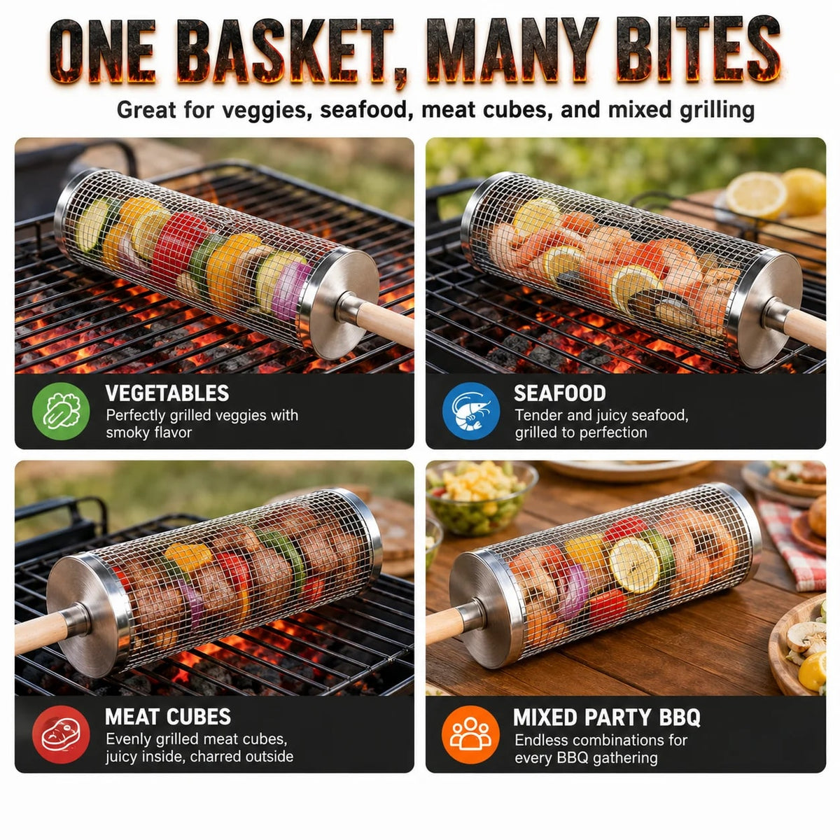 Uwhise Rolling BBQ Grill Basket, Stainless Steel Cylinder with Detachable Wooden Handle