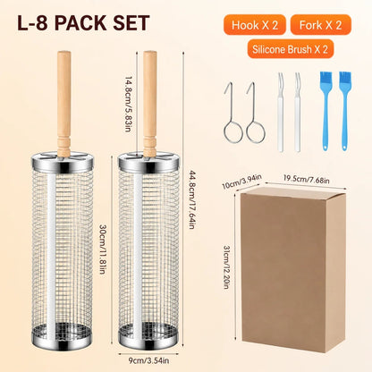 Uwhise Rolling BBQ Grill Basket, Stainless Steel Cylinder with Detachable Wooden Handle - L-8 Pack Set