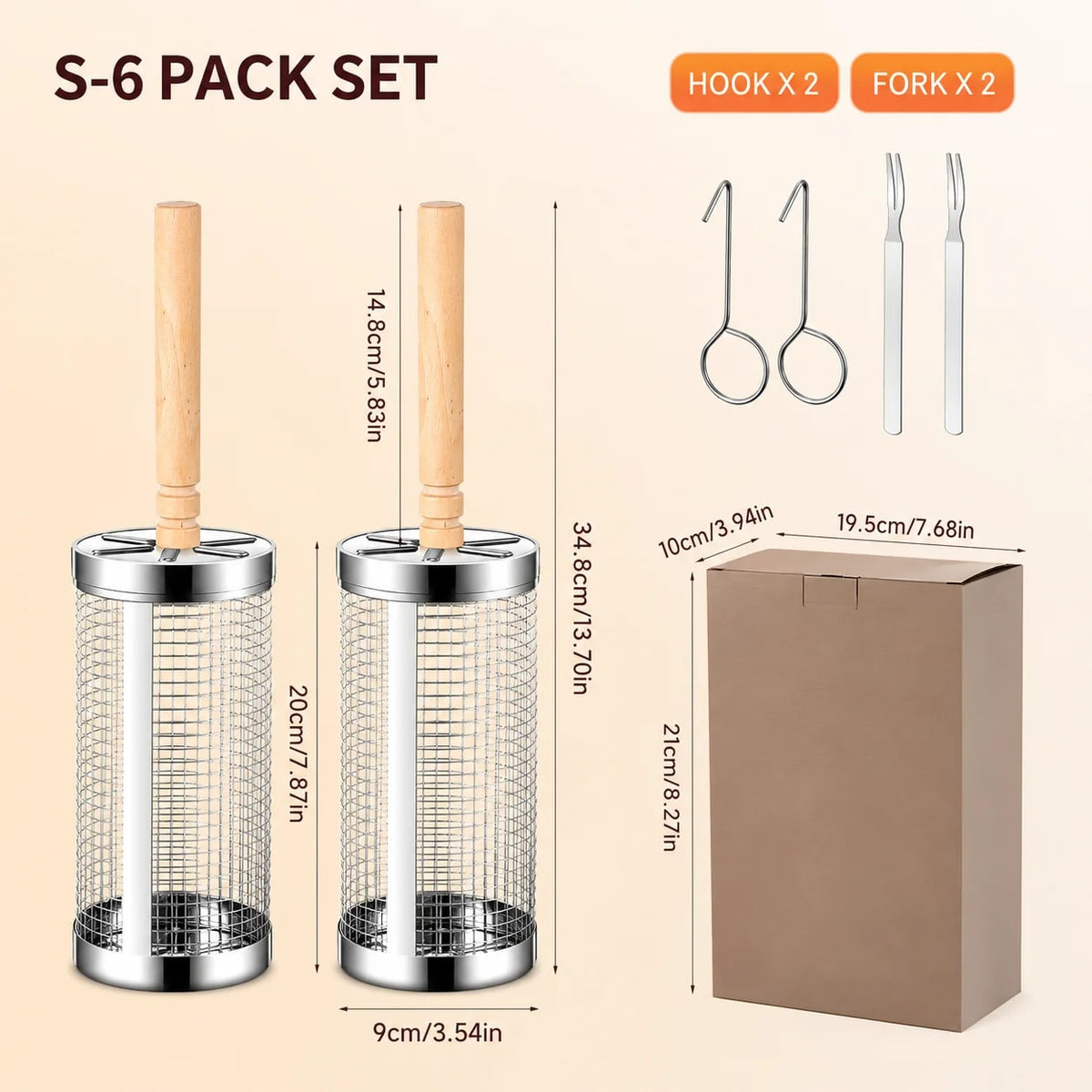 Uwhise Rolling BBQ Grill Basket, Stainless Steel Cylinder with Detachable Wooden Handle - S-6 Pack Set