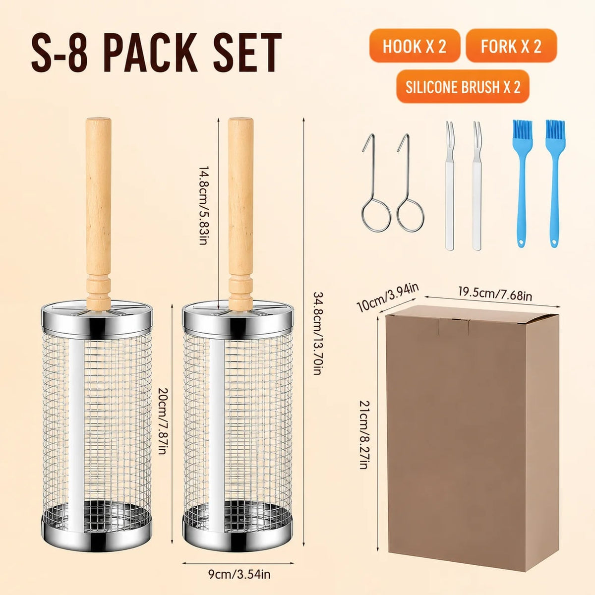 Uwhise Rolling BBQ Grill Basket, Stainless Steel Cylinder with Detachable Wooden Handle - S-8 Pack Set
