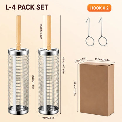 Uwhise Rolling BBQ Grill Basket, Stainless Steel Cylinder with Detachable Wooden Handle - L-4 Pack Set