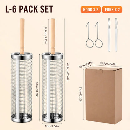 Uwhise Rolling BBQ Grill Basket, Stainless Steel Cylinder with Detachable Wooden Handle - L-6 Pack Set