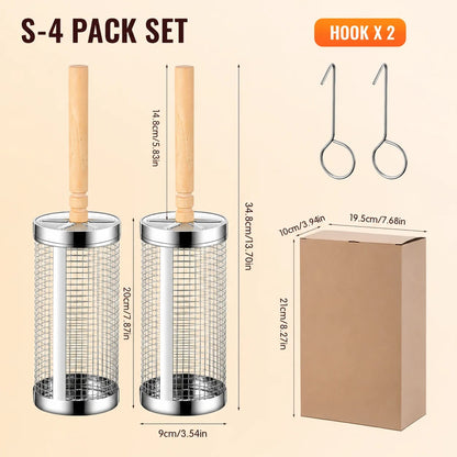 Uwhise Rolling BBQ Grill Basket, Stainless Steel Cylinder with Detachable Wooden Handle - S-4 Pack Set