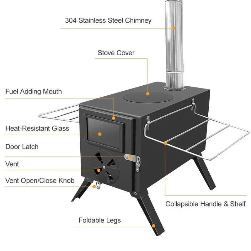Portable Wood-Burning Camping Stove with 304 Stainless Steel Chimney