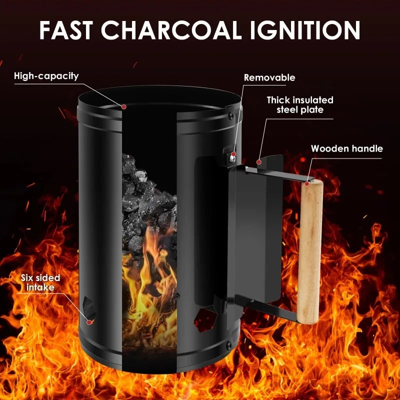 Charcoal Chimney Starter with Wooden Handle, Black Iron, 27.5 x 16.5cm