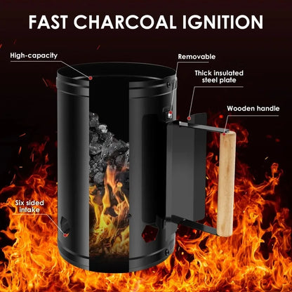 Charcoal Chimney Starter with Wooden Handle, Black Iron, 27.5 x 16.5cm