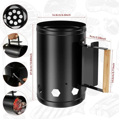 Charcoal Chimney Starter with Wooden Handle, Black Iron, 27.5 x 16.5cm