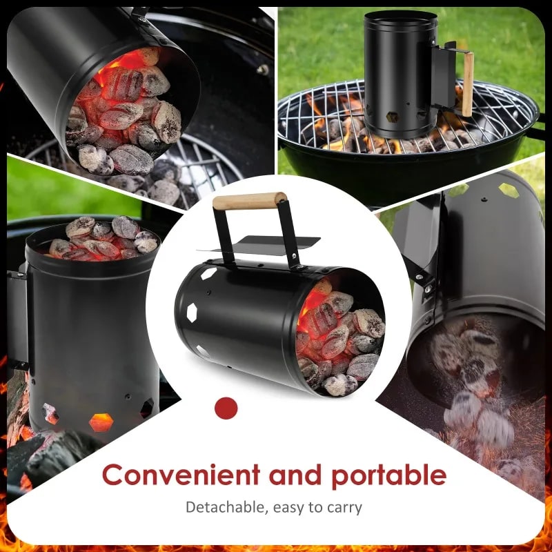 Charcoal Chimney Starter with Wooden Handle, Black Iron, 27.5 x 16.5cm