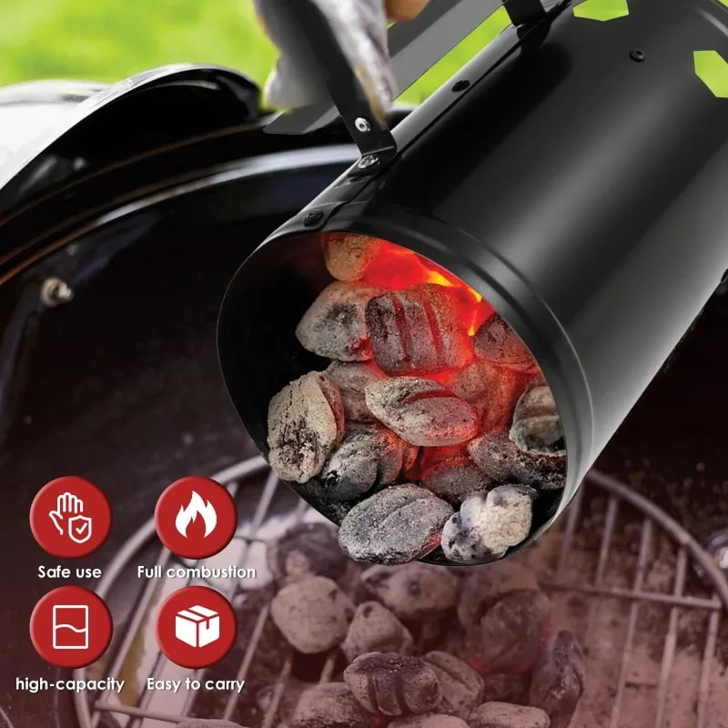 Charcoal Chimney Starter with Wooden Handle, Black Iron, 27.5 x 16.5cm