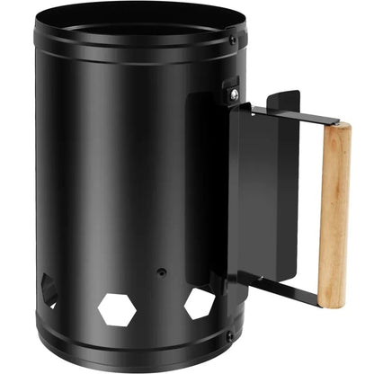 Charcoal Chimney Starter with Wooden Handle, Black Iron, 27.5 x 16.5cm