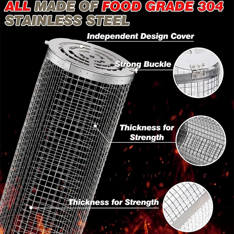 Stainless Steel Rolling BBQ Grill Basket, Small or Large Cylinder Mesh Basket