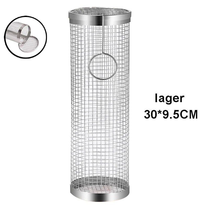 Stainless Steel Rolling BBQ Grill Basket, Small or Large Cylinder Mesh Basket - Szie2 Larger