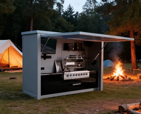 Outdoor Kitchen Station with Aluminium Frame, Stainless Steel Roller Door and Hydraulic Flip Top