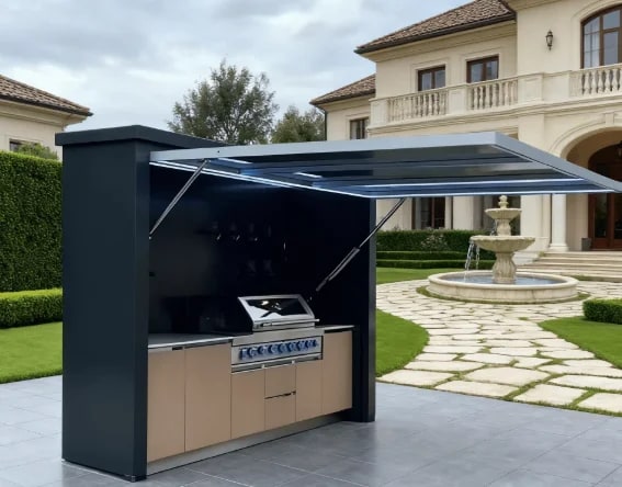 Outdoor Kitchen Station with Aluminium Frame, Stainless Steel Roller Door and Hydraulic Flip Top