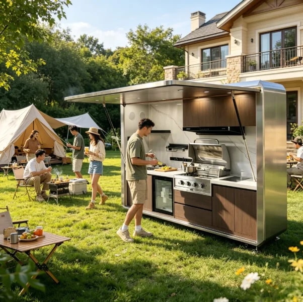 Outdoor Kitchen Station with Aluminium Frame, Stainless Steel Roller Door and Hydraulic Flip Top