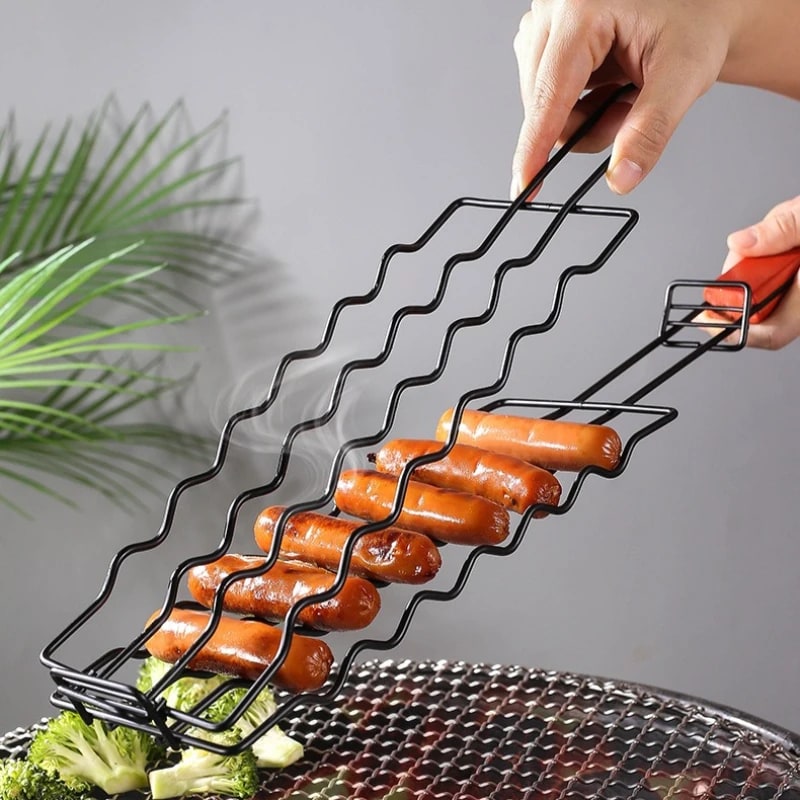 BBQ Hot Dog Grill Tongs with Non-Stick Metal Head, Wooden Handle, 48.8cm