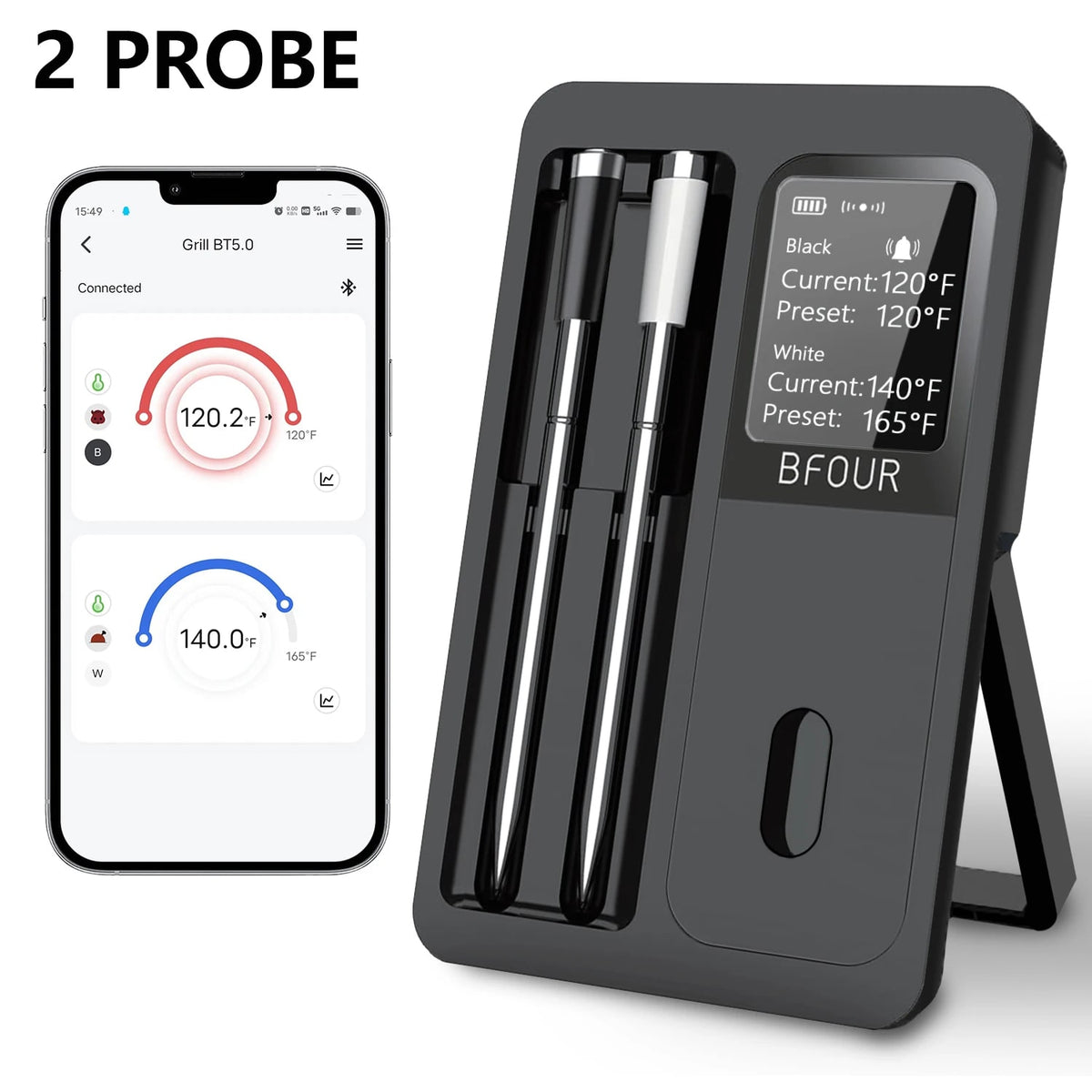 Wireless Bluetooth Meat Thermometer with LCD Booster, IP67 Waterproof Probes, BF-30/BF-40 - 2 Probe BF-40
