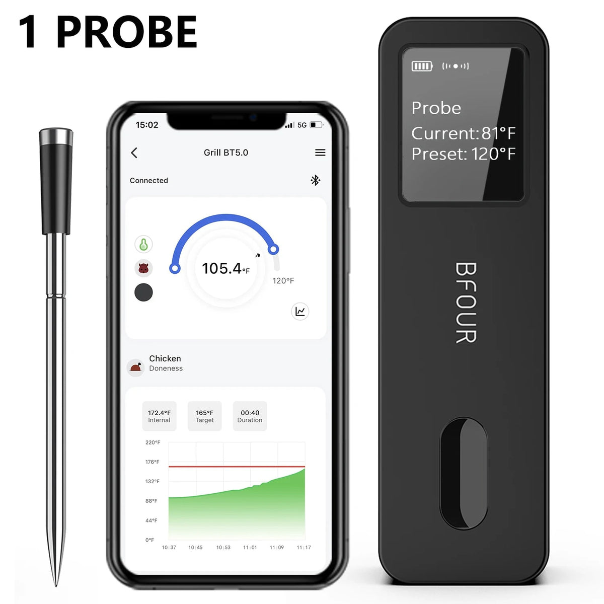 Wireless Bluetooth Meat Thermometer with LCD Booster, IP67 Waterproof Probes, BF-30/BF-40 - 1 Probe BF-30