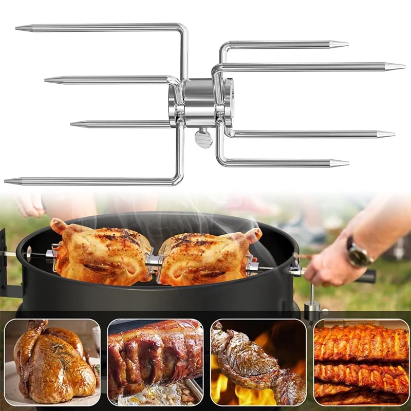 4-Prong Stainless Steel Rotisserie Fork, Double or Single Sided BBQ Skewer