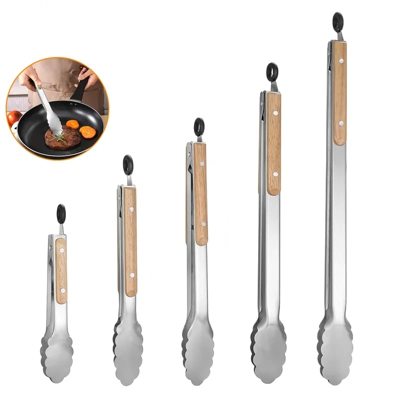 Leeseph Stainless Steel BBQ Tongs with Wooden Handle, 7 to 16 Inch Sizes
